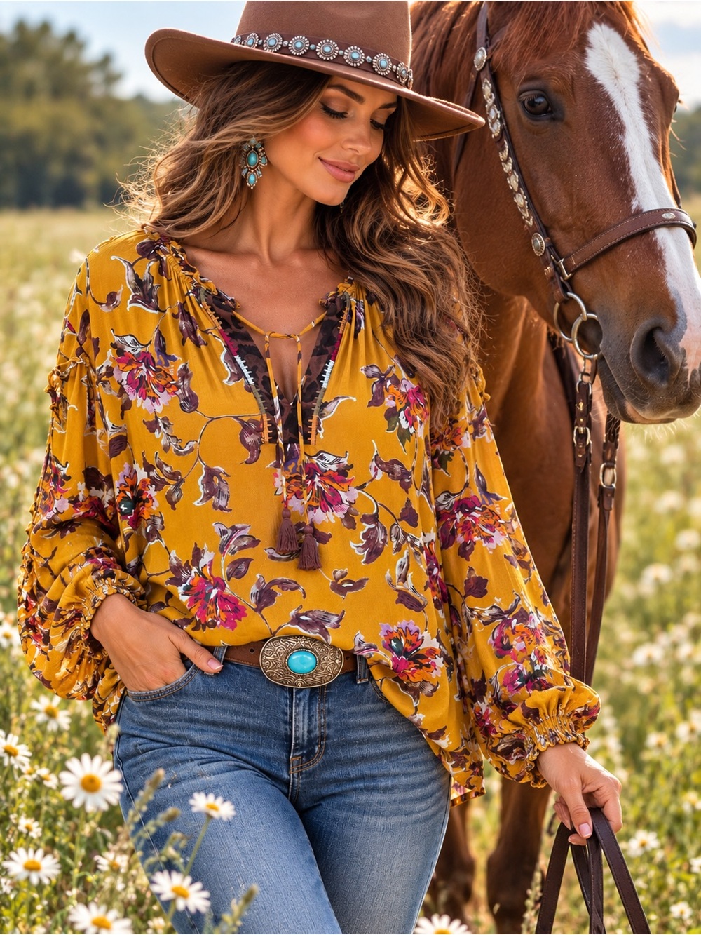 Johnny Was Workshop Silk Floral Blouse S Mustard Boho Western Tassel Top